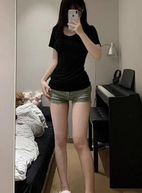 美式棉v领黑色短袖正肩t恤女夏季修身设计感小众辣妹上衣服小个子