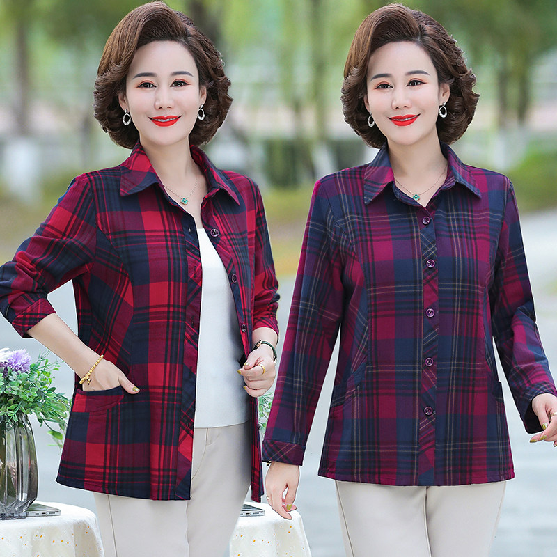 妈妈装长袖格子衬衫中年衬衣女2022春秋新款大码洋气中老年女上衣