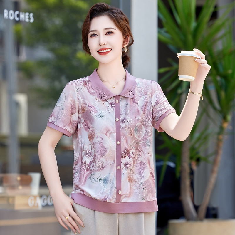 中年妈妈夏装短袖针织小衫洋气冰丝t恤中老年女装2025新款上衣服