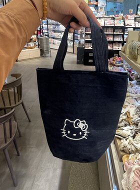 外出手提新款包包大容量牛仔包水杯韩版刺绣小猫手拎包KT猫水桶包