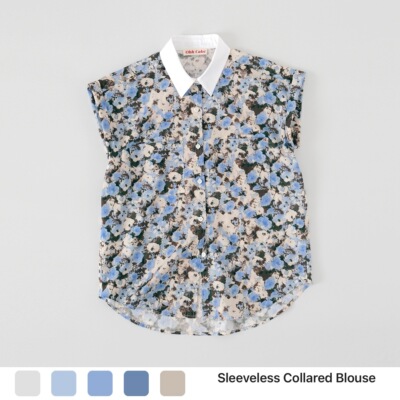 Ohh Cake Sleeveless Collared Blouse白领无袖碎花上衣 撞色衬衫