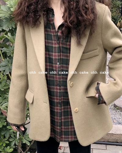 Ohh Cake 21/vol.40 复古卡其绿进口双面羊毛毛呢西装外套女秋冬