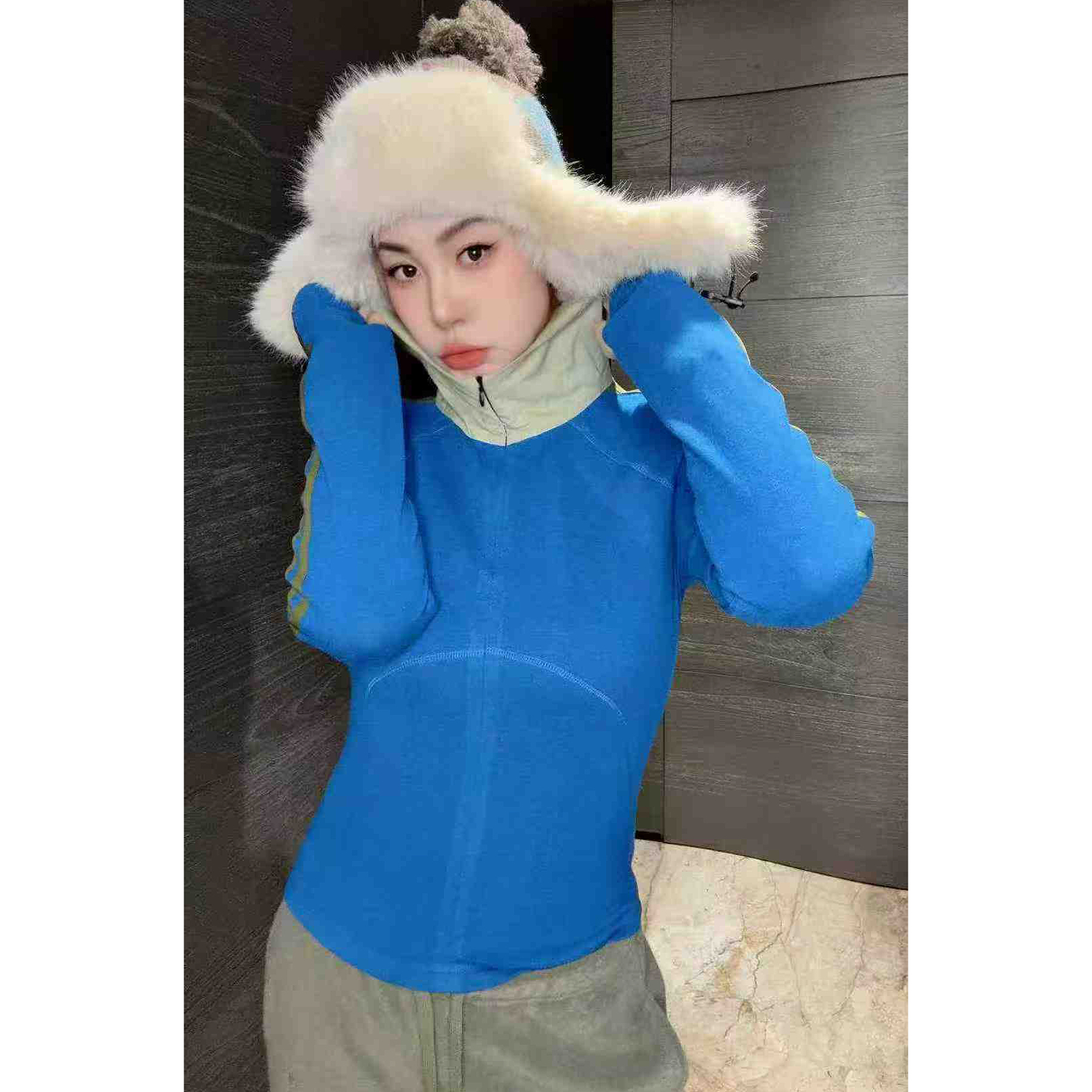 欧洲站2025秋冬新款HAV欧货 撞色连帽半拉链修身显瘦长袖衫