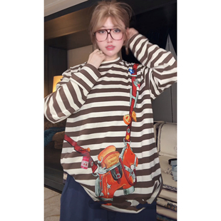 欧洲站2026春新款hav欧货 圆领斜跨小马印花条纹长袖衫