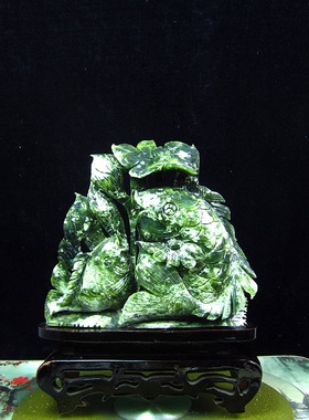 天然玉石双鱼戏水摆件玄关办公室