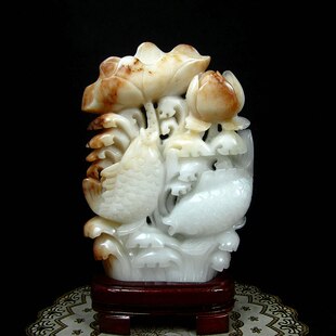 天然玉石青海玉鱼荷花如意摆件商铺办公室收银台风水财源开业礼品