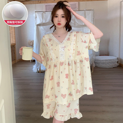 带胸垫睡衣女夏季纯棉短袖加大码