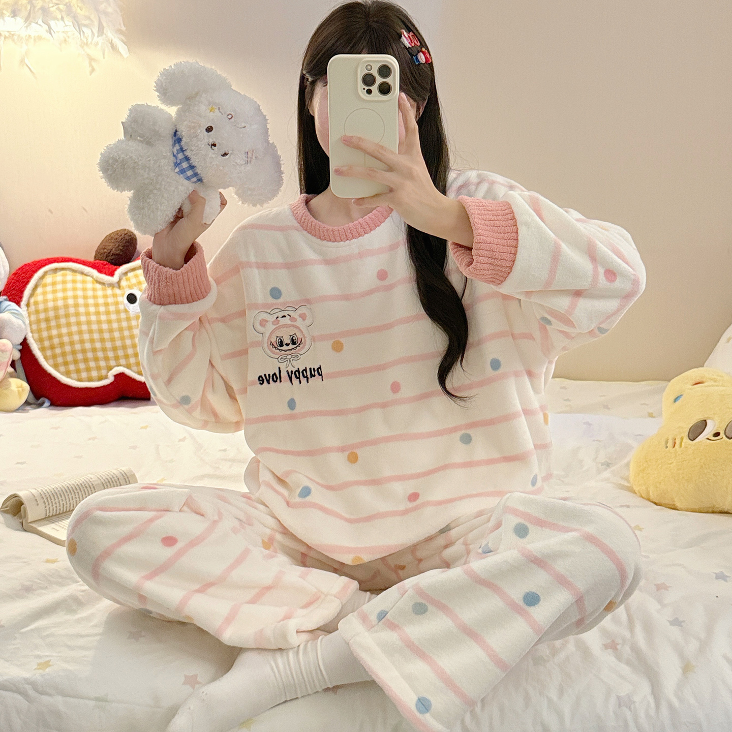 珊瑚绒睡衣女秋冬季加厚绒网红风