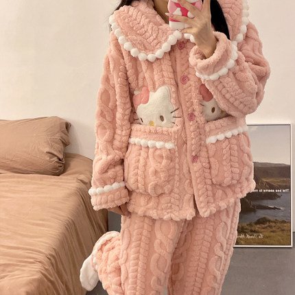 珊瑚绒睡衣女秋冬季加厚绒可爱法兰绒卡通KT猫冬天保暖家居服套装