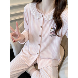 德绒睡衣女款秋冬季长袖裤薄绒保暖甜美可爱蕾丝边开衫家居服套装