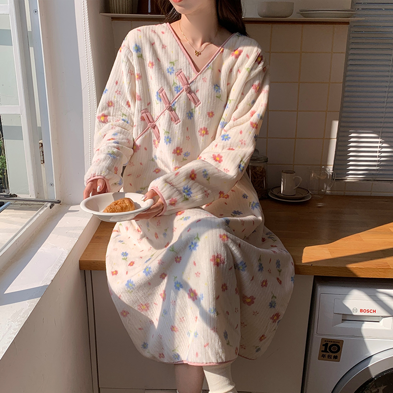 珊瑚绒睡裙女秋冬季加厚加绒法兰绒新中式甜美中长款睡衣裙家居服