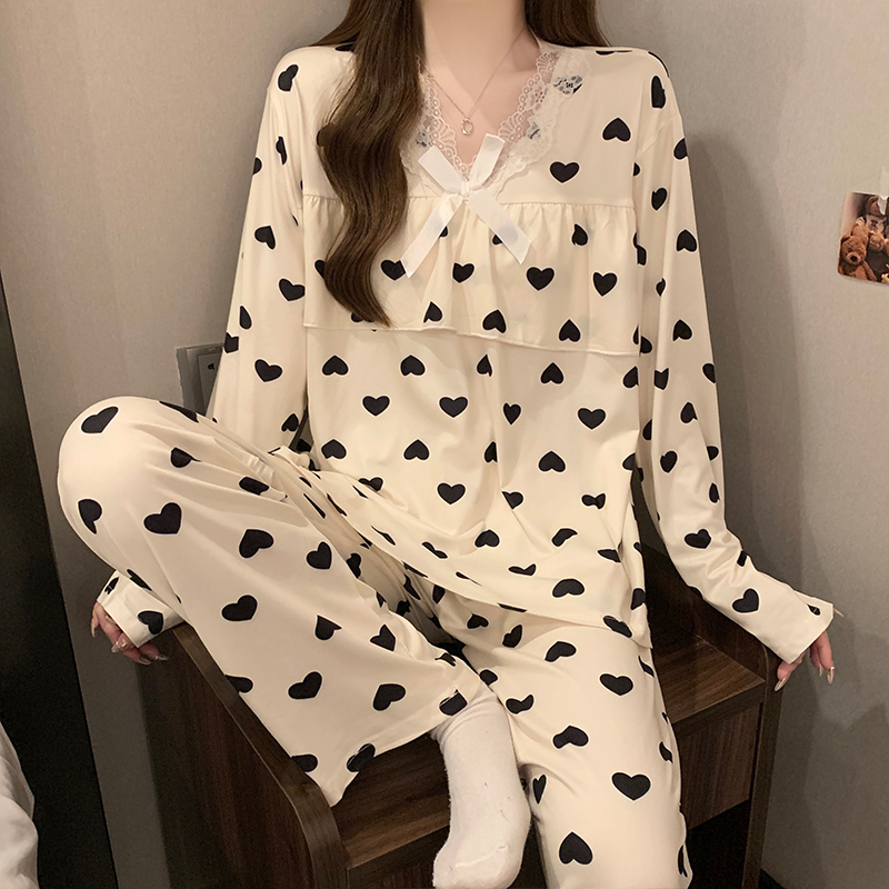 睡衣女春秋季纯棉长袖2025新款甜美爱心蕾丝花边公主风家居服套装
