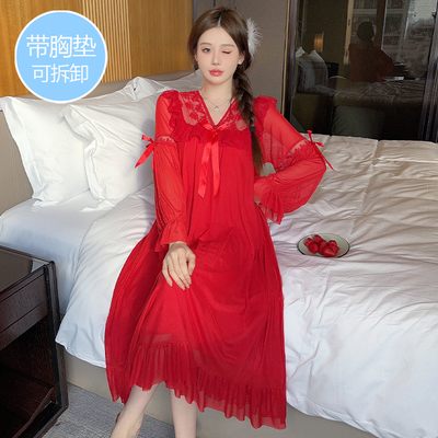 带胸垫睡裙女秋季长袖网纱公主风