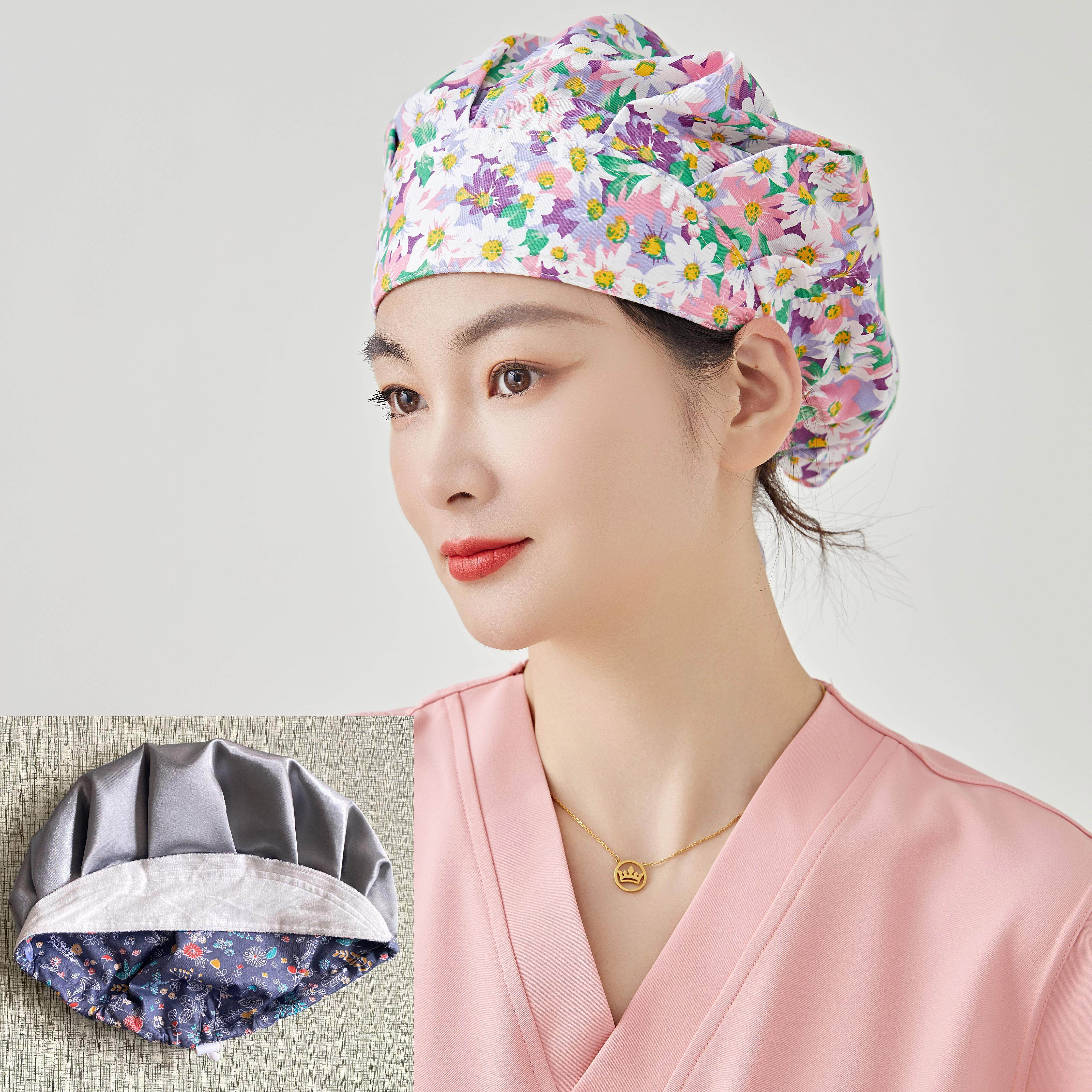 炒菜护发帽印花双层仿丝绸缎内衬厨房防油烟奶茶店食品餐饮工作帽