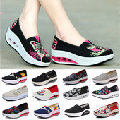 夏季 一脚蹬懒人 女厚底蕾丝镂空网面休闲鞋 老北京布鞋 女帆布摇摇鞋