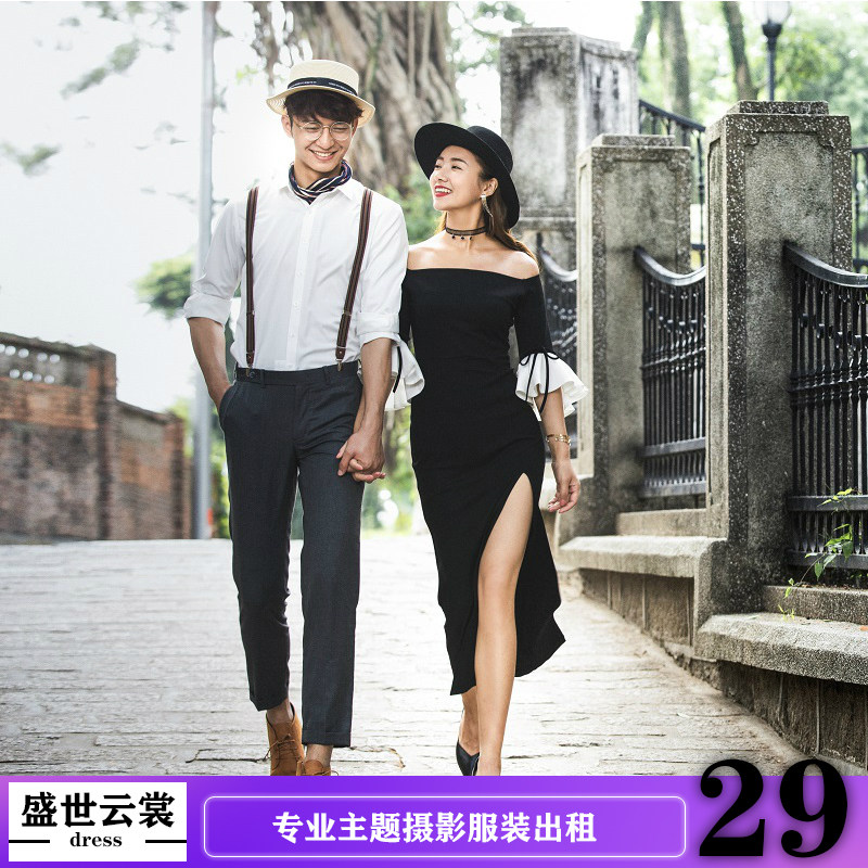 出租影楼情侣主题服装新款旅拍婚纱情侣装一字肩背带街拍摄影拍照