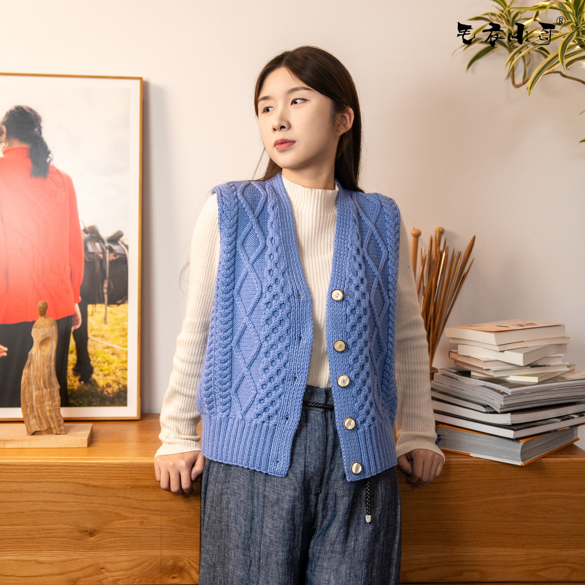 毛衣小哥手工编织定制蜂窝麻花开衫坎肩纯羊毛针织衫女士简约高级