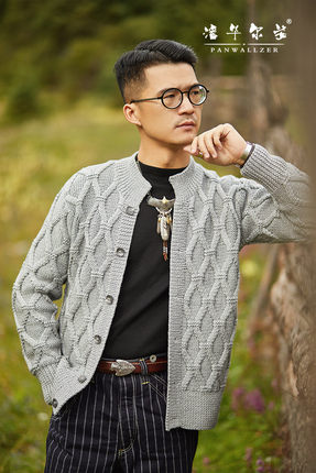原创设计潘华尔姿手工毛衣高端定制男士开衫时尚大气立领外套新款