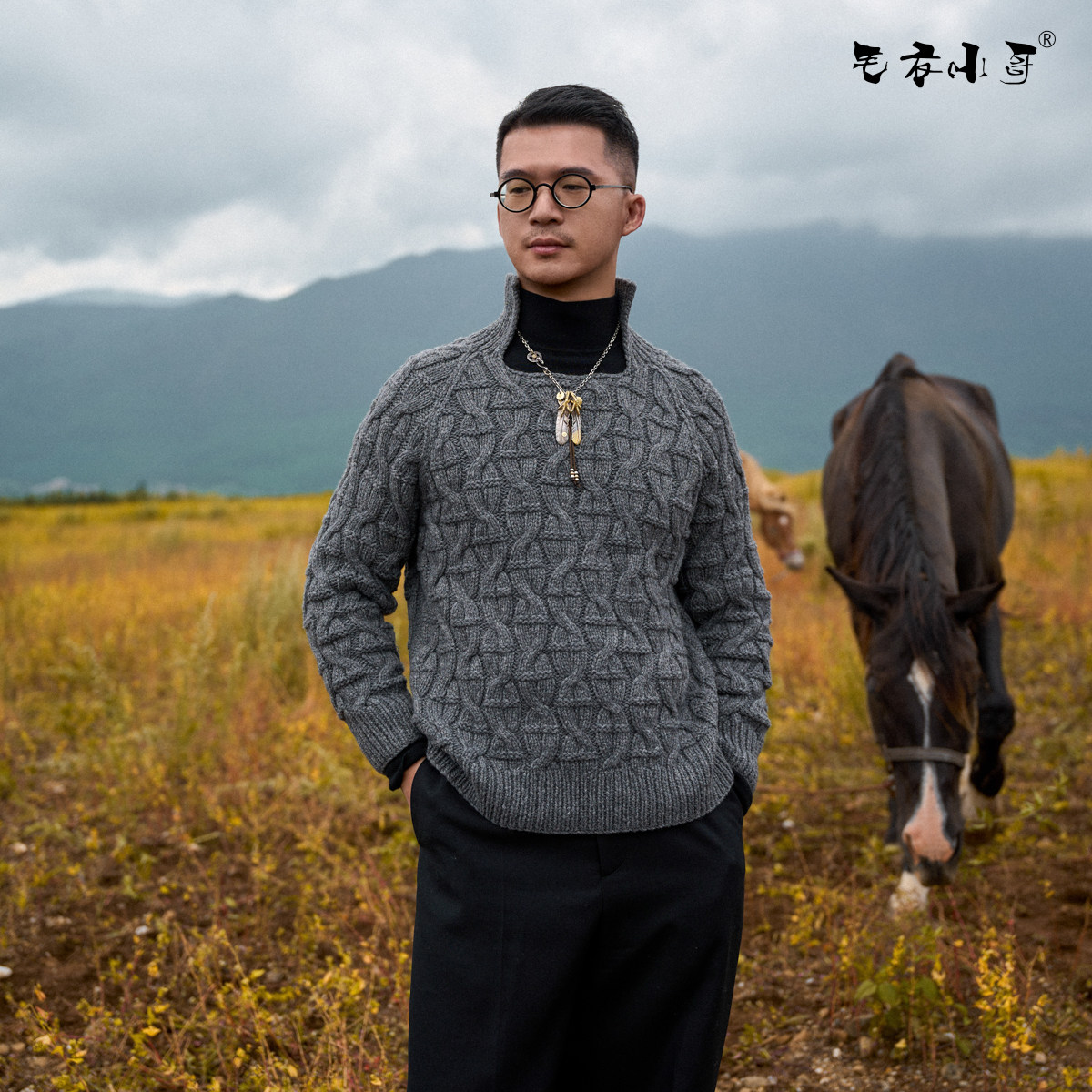 潘华尔姿秋冬新款交叉麻花立领男款毛衣手工编织慵懒风高级感宽松