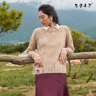 定制套头衫 毛衣小哥春秋薄款 时尚 女装 破洞休闲设计感一字领毛衫