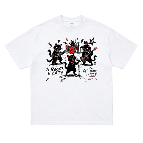 黑猫乐队朋克金属摇滚乐队印花短袖ROCKCAT猫咪男女T恤夏季宽松
