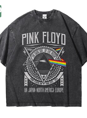 宽松欧美平克佛洛依德pinkfloyd做旧水洗重磅纯棉五分短袖T恤男女