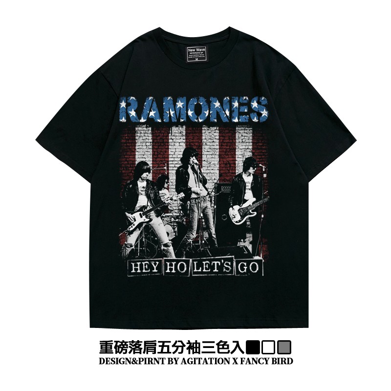 落肩款五分袖雷蒙斯ramones阿美咔叽美式重磅摇滚oversizeT恤男夏