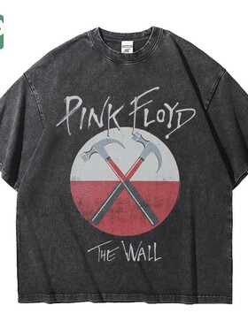 pinkfloyd乐队印花平克佛洛依德做旧水洗重磅纯棉五分短袖T恤男女
