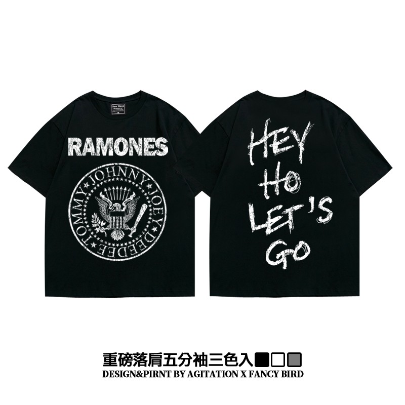 雷蒙斯美式摇滚朋克ramones落肩重磅宽松摇滚五分袖oversizeT恤男