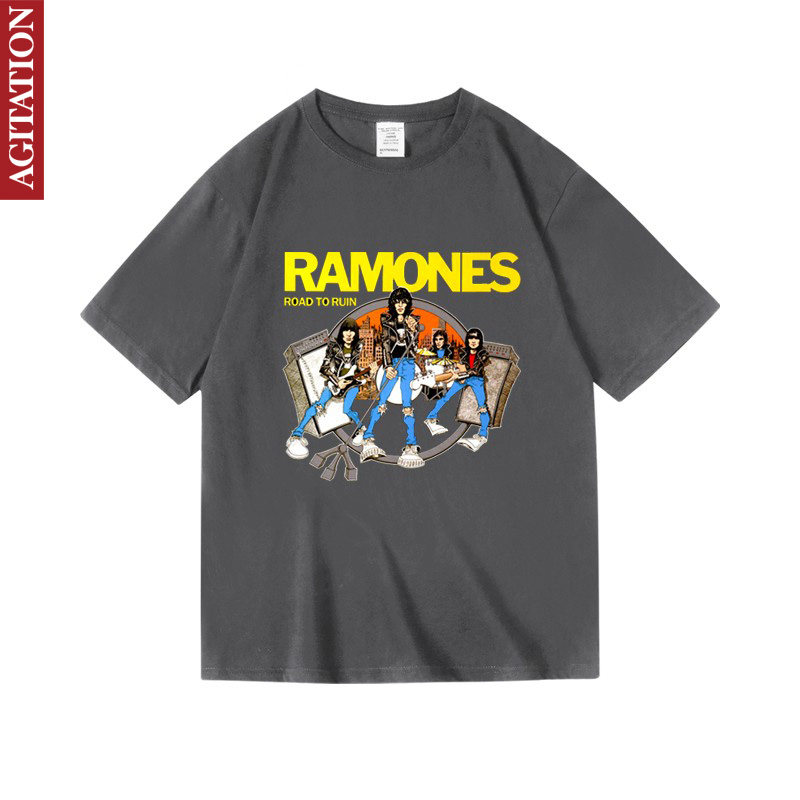 潮牌ramones雷蒙斯朋克摇滚乐队复古印花衣服纯棉短半袖T恤女男夏