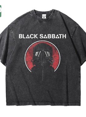 做旧水洗重磅宽松黑色安息日周边印花摇滚乐队纯棉五分短袖T恤男