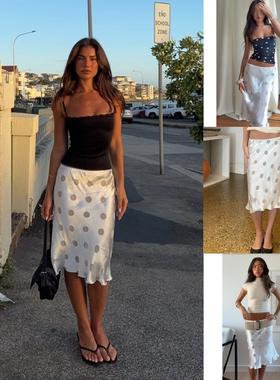 JHZ法式度假辣妹高级感缎面高腰半身裙白色波点显瘦长款A鱼尾裙