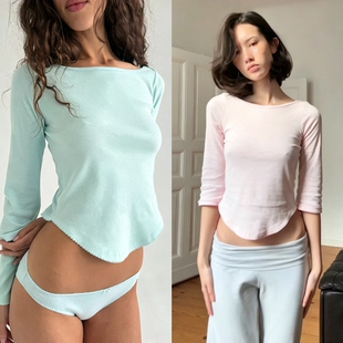 JHZ 淡人穿搭白女辣妹船领短款弧型纯色微喇中袖棉T恤海莉同款