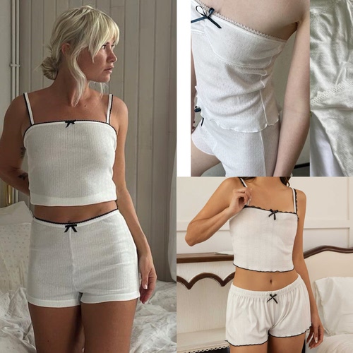 JHZ辣妹居家服甜心纯欲BM风极简舒适wish花边抹胸T恤短裤套装