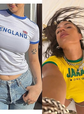 JHZ美式运动辣妹牙买加英格兰女短款上衣字母黄色T恤露脐性感T恤