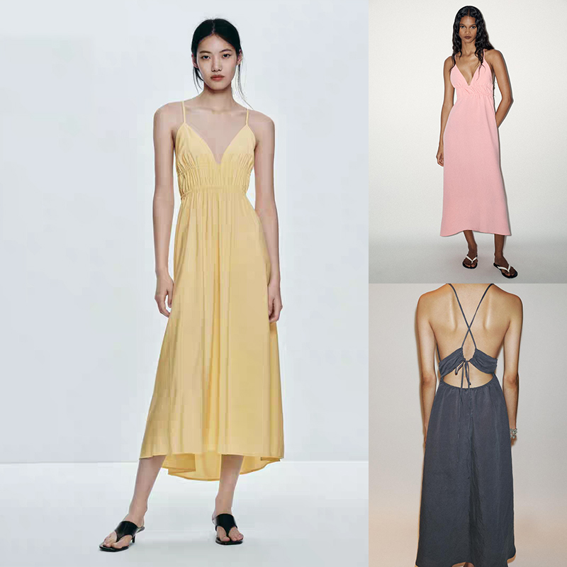 ZA2025夏季新品 女装 气质垂性V领吊带迷笛连衣裙 4772365 300