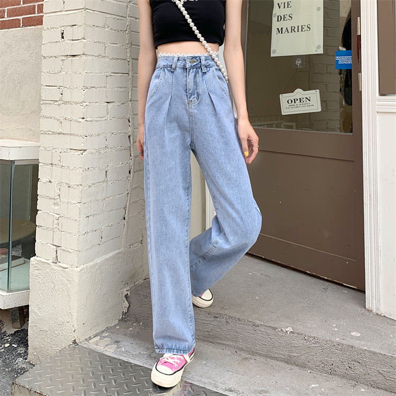 Real price 2021 new design feeling lace high loose show thin wide leg straight jeans women