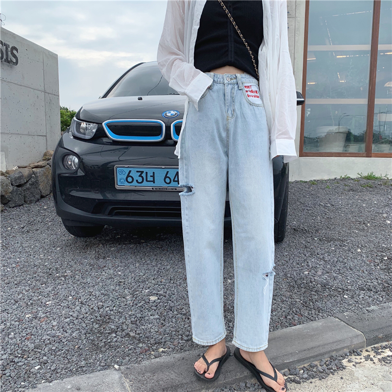 Real-price loose high-waist wide-legged hollow jeans