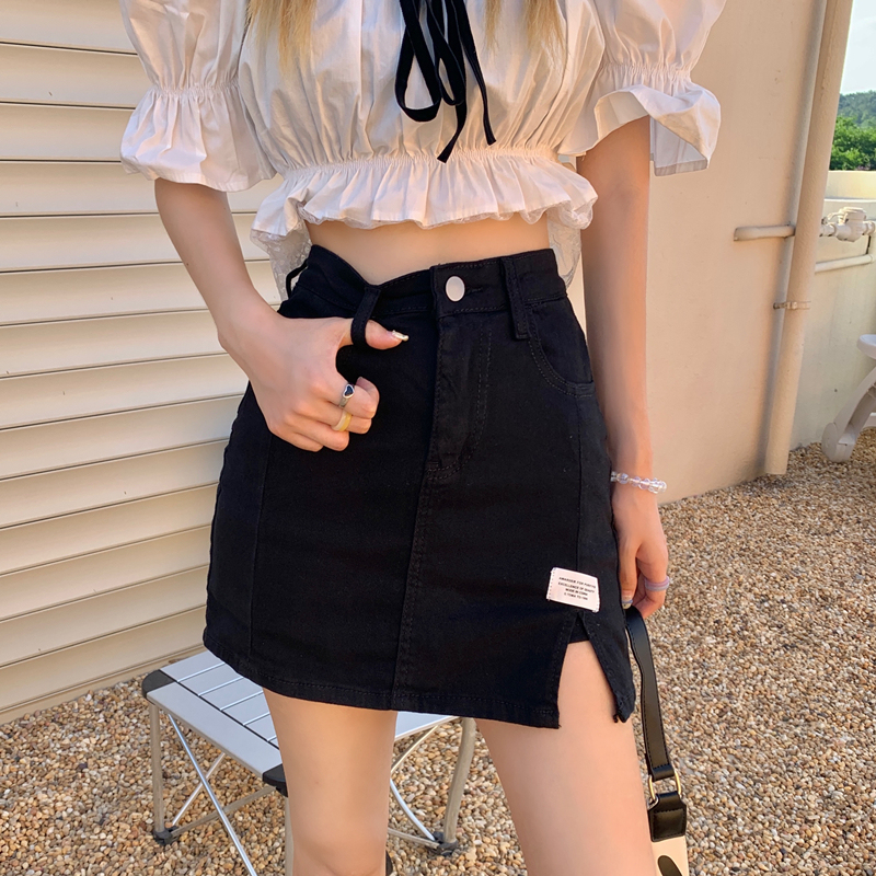 Real price Korean high waist slim stretch jeans skirt A-line split versatile shorts skirt