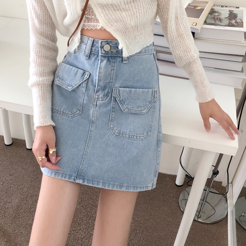 High waist slim denim A-line skirt