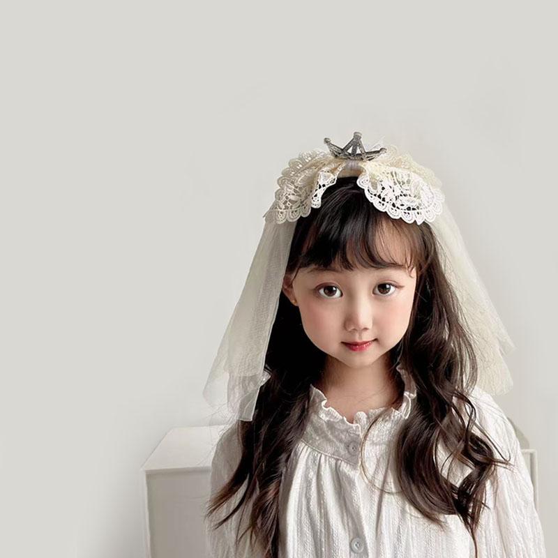韩版复古蕾丝亮片皇冠儿童披纱花童头纱发饰头饰公主生日头饰发箍