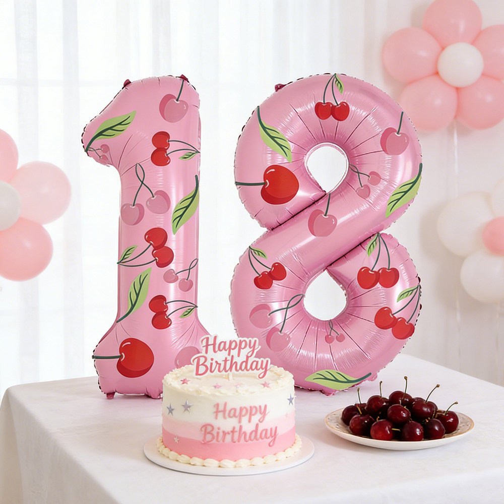 40寸粉色樱桃数字铝膜气球成人儿童生日派对装饰用品甜美生日布置
