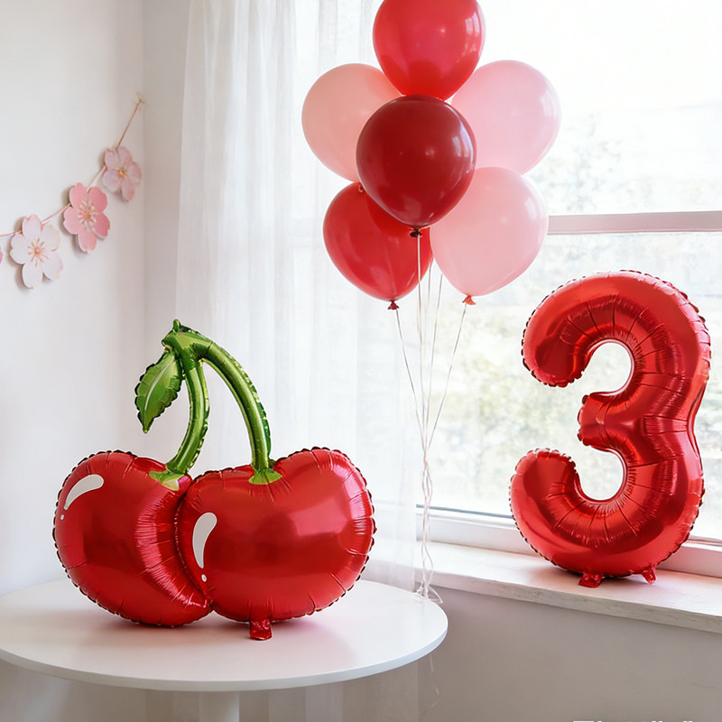 大号红色樱桃造型铝膜气球车厘子生日派对房间装饰用品节庆气球
