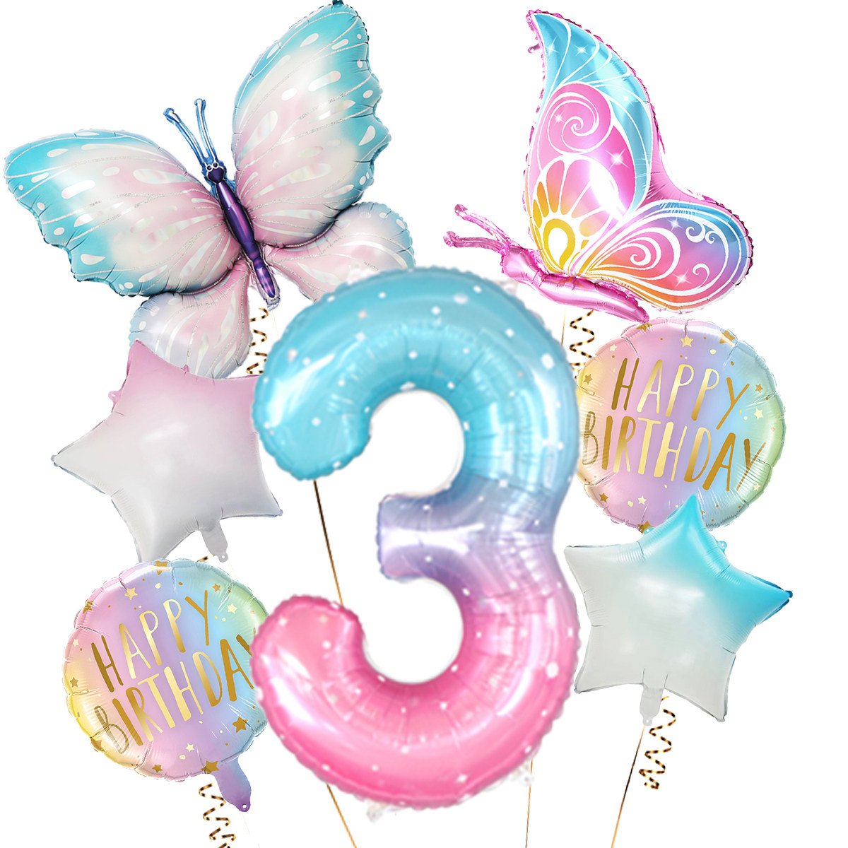 新款幻彩蓝蝴蝶粉蓝渐变五角星星空数字气球套餐公主生日派对布置