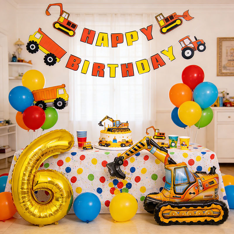 挖掘机主题生日派对气球套装消防车男孩交工具场景布置装饰用品