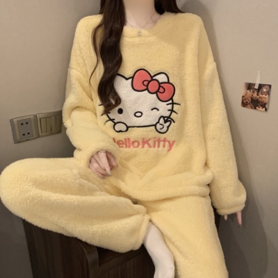 珊瑚绒睡衣女秋冬季加绒加厚套装