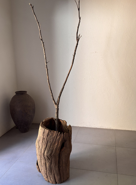 古董茶空间装饰老木桶干花插花桶朽木侘寂风空间摆件老木26119