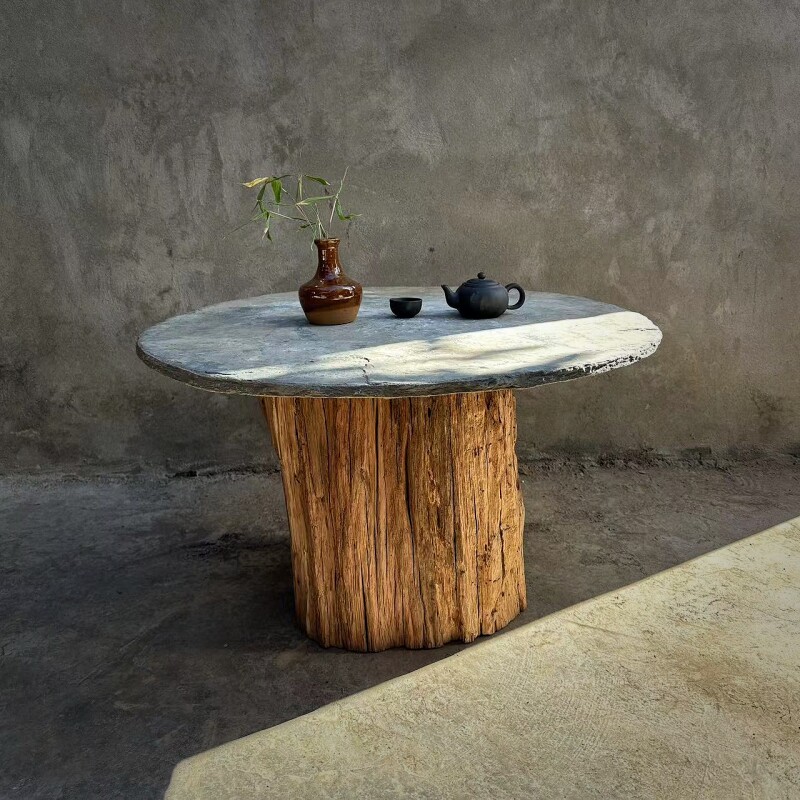 老石板桌子圆桌庭院户外茶桌老石器圆茶几风化老石板桌民宿茶几