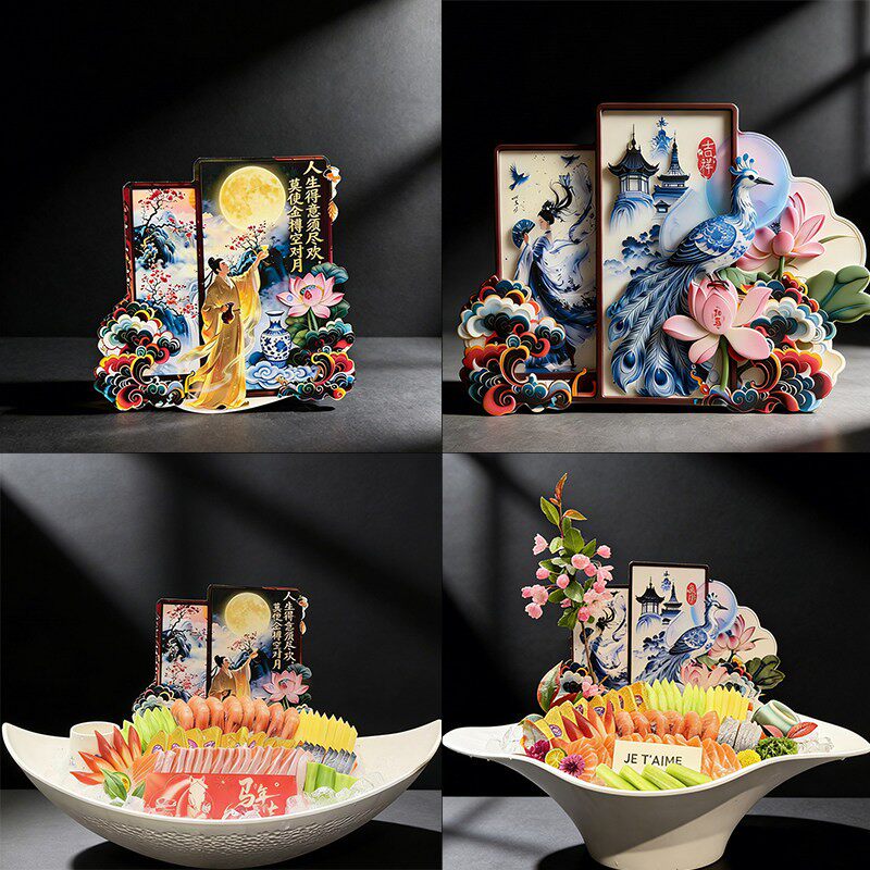 古风背景家宴摆盘装饰刺身用品海鲜姿造火锅冷菜品仙女摆件三文鱼