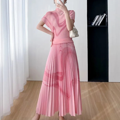 00后褶皱印花短袖上衣两件套